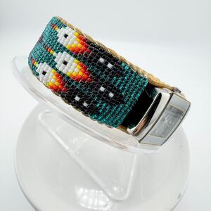 Vintage Pierre Nicol Feather Southwestern Watch Cuff Japan Suede Seed Bead